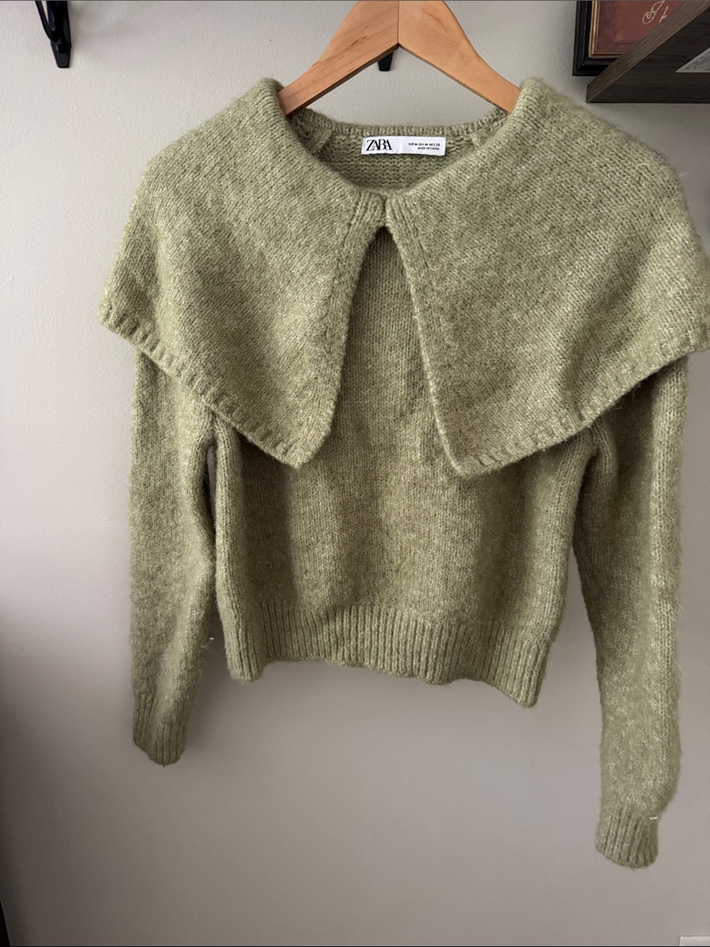 Zara Olive Sweater with Dramatic Foldover Collar